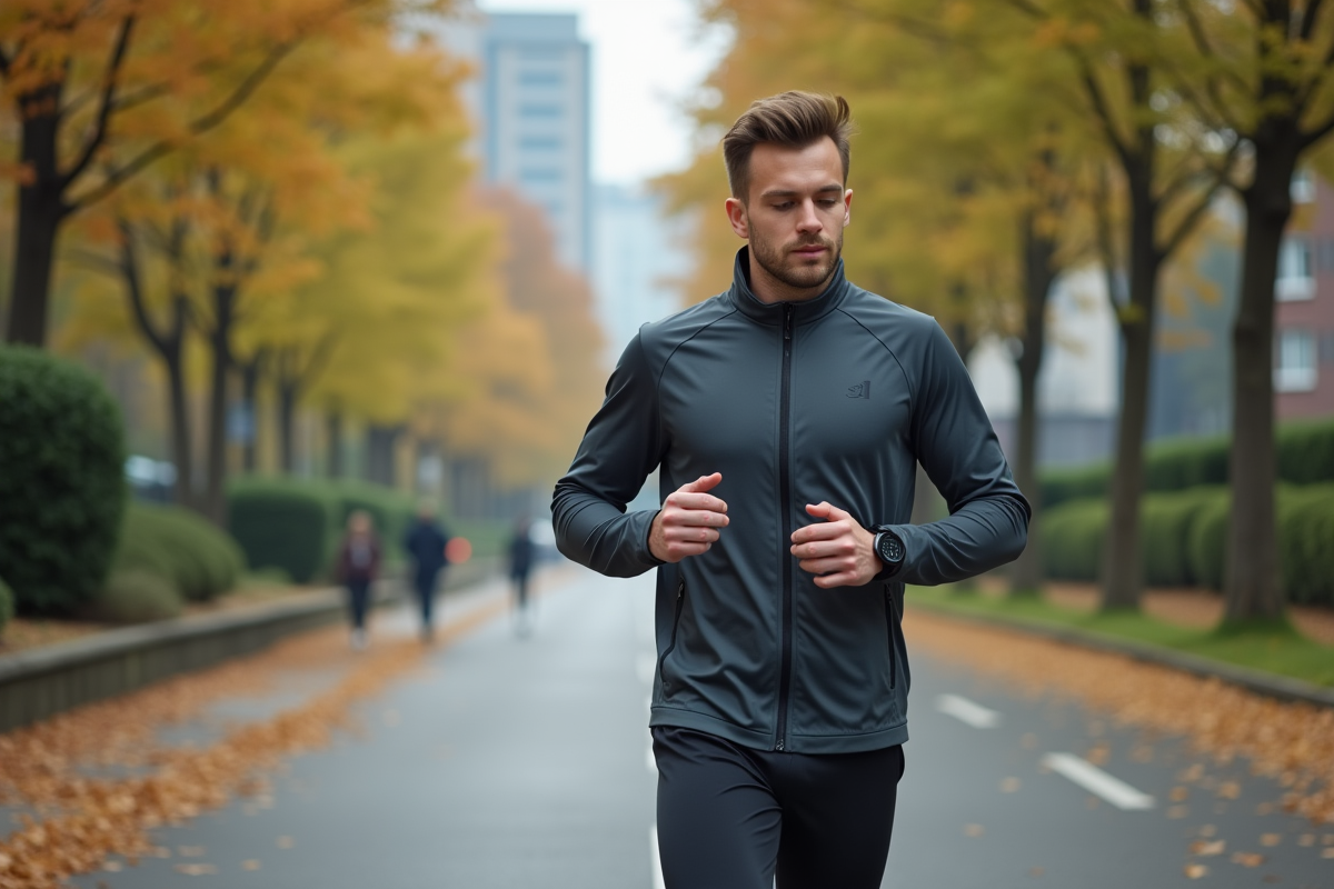 Homme courant dans la ville en vérifiant sa montre connectée