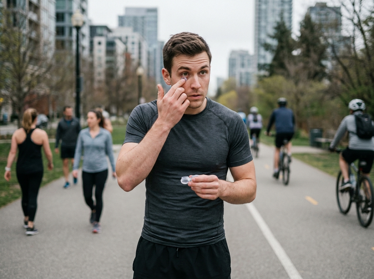 Homme insérant une lentille de contact avant une séance de course à pied dans un parc urbain