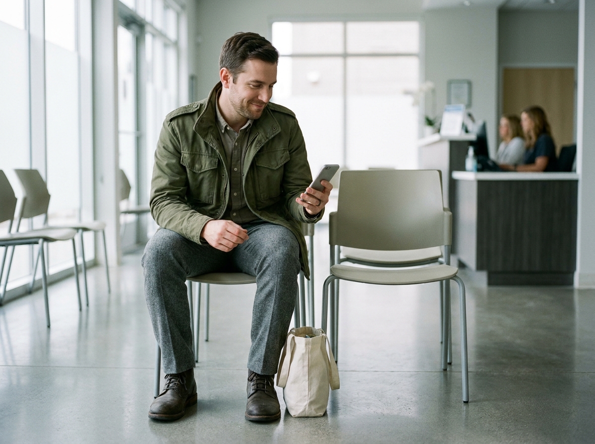 Homme organisant sa liste de courses sur son téléphone dans une salle d'attente médicale pour optimiser son temps
