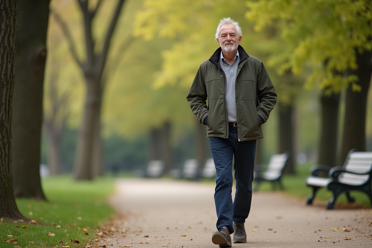 Homme mature marchant dans un parc urbain au printemps