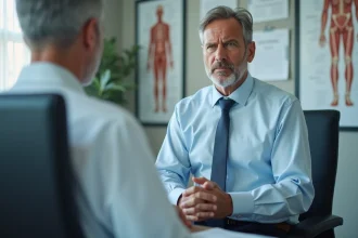 Homme d'âge moyen en consultation médicale sérieuse