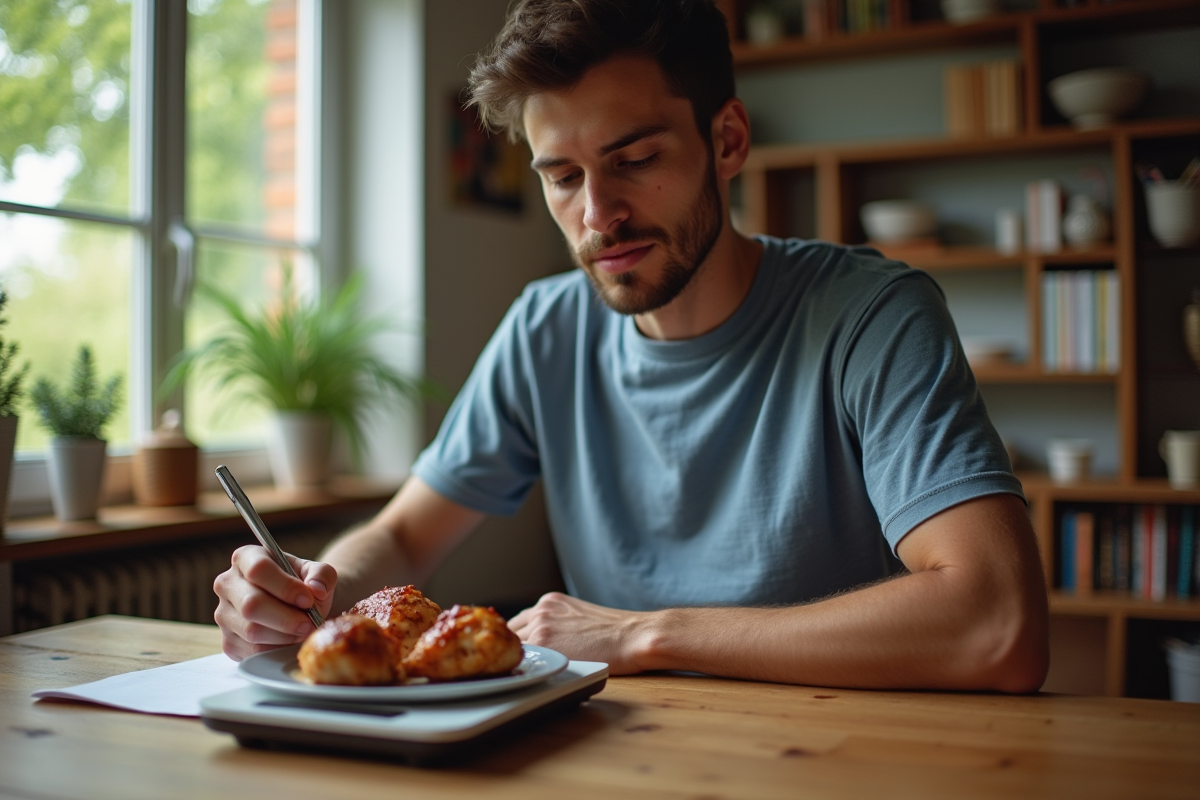 Jeune homme mesure du poulet avec une balance dans un appartement
