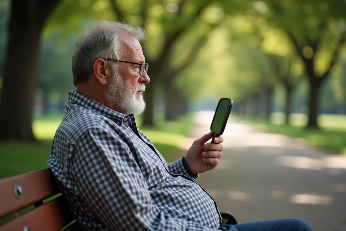 Homme âgé regardant son reflet dans un miroir au parc