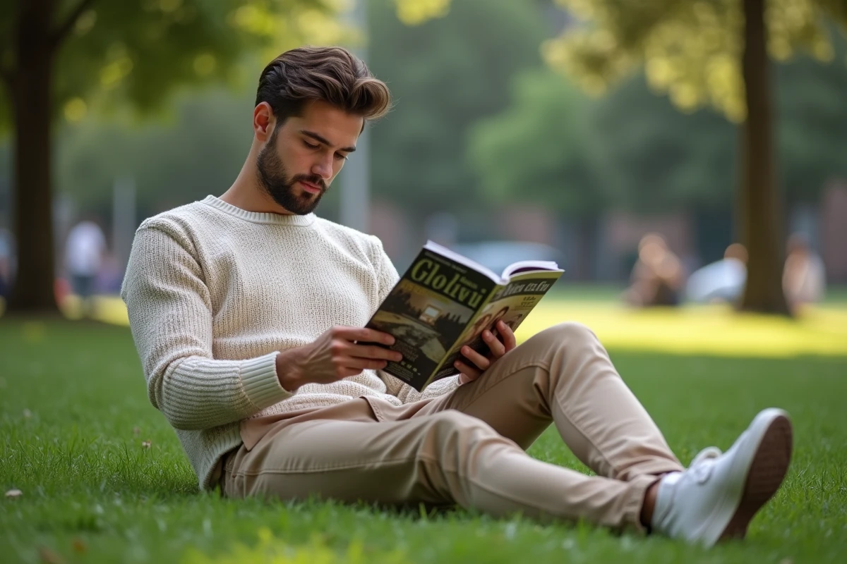 Jeune homme d&eacute;tendu lisant un magazine dans un parc