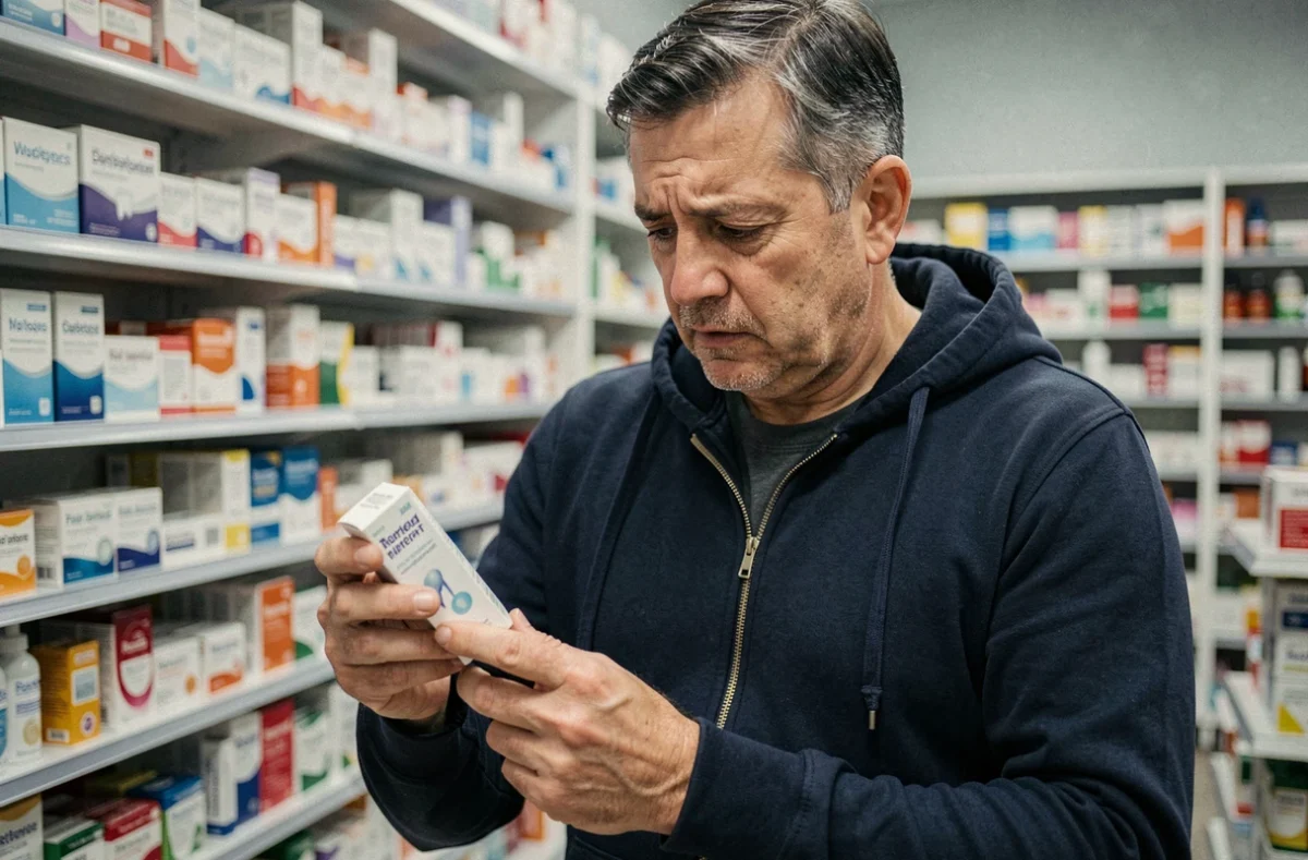 Homme en pharmacie cherchant un médicament contre la douleur dentaire après dévitalisation