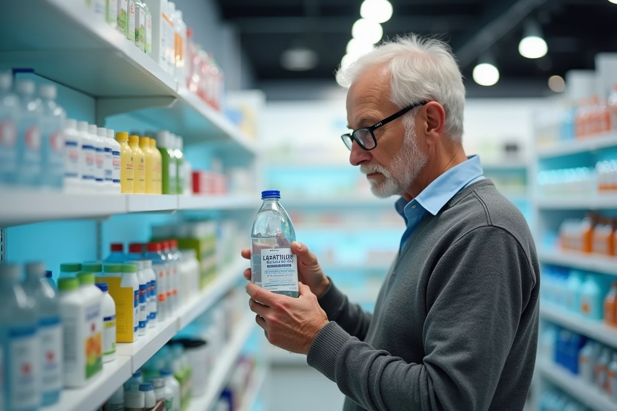 Homme âgé lisant l'étiquette d'une eau minérale en pharmacie pour ses bienfaits digestifs
