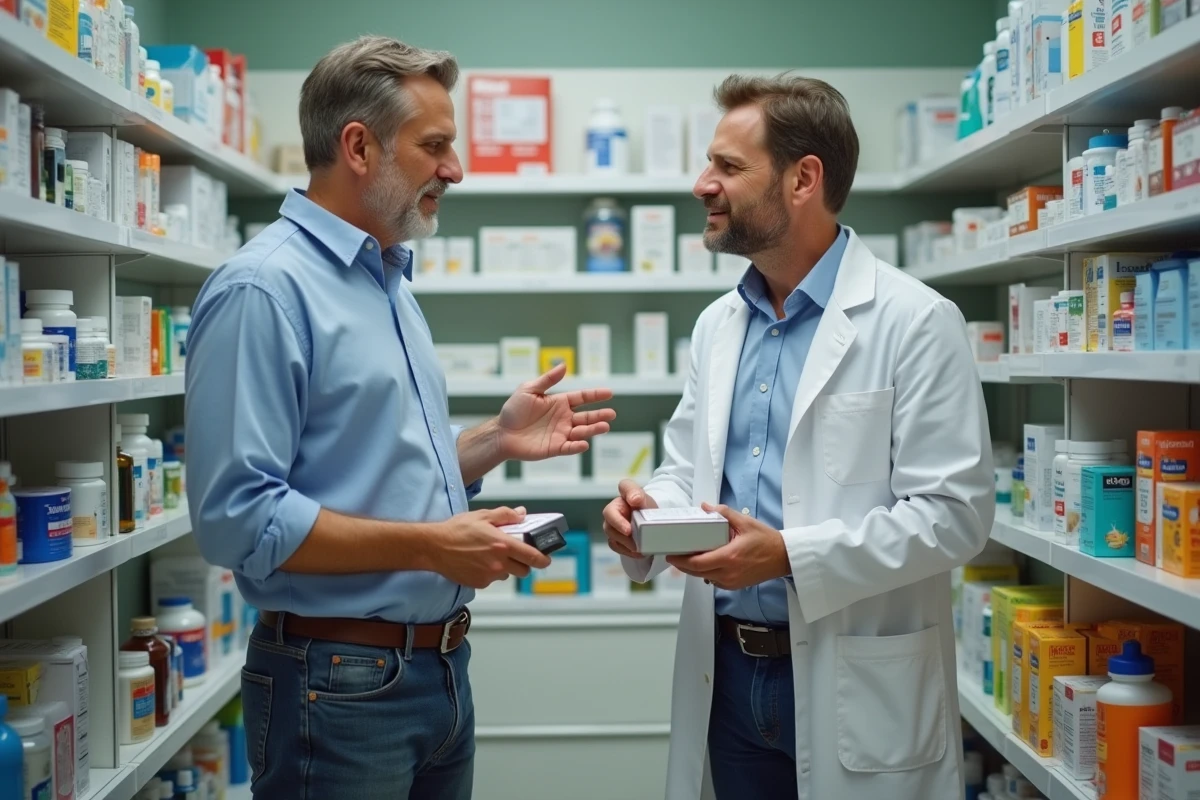 Homme d age parle avec un pharmacien dans une pharmacie