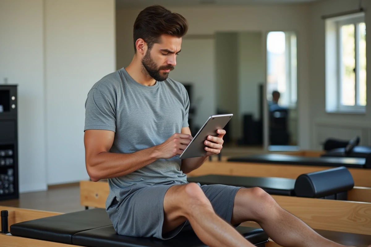 Homme utilisant un reformer Pilates dans un studio professionnel