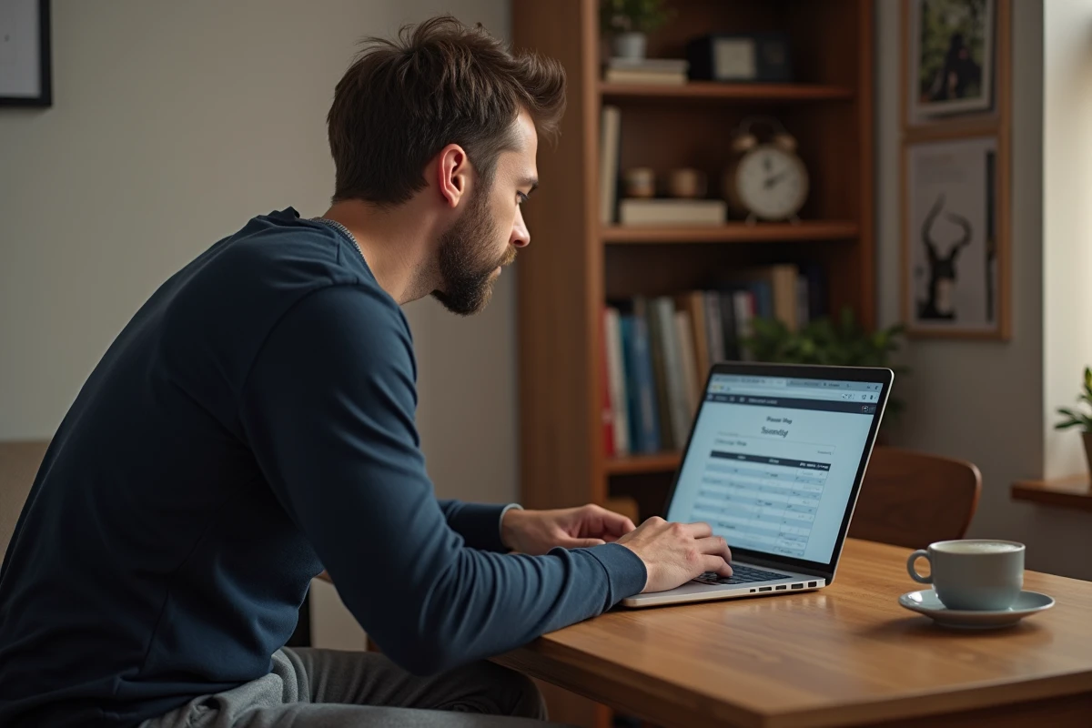 Homme planifiant son horaire de sommeil sur un ordinateur portable à un bureau en bois dans une chambre calme