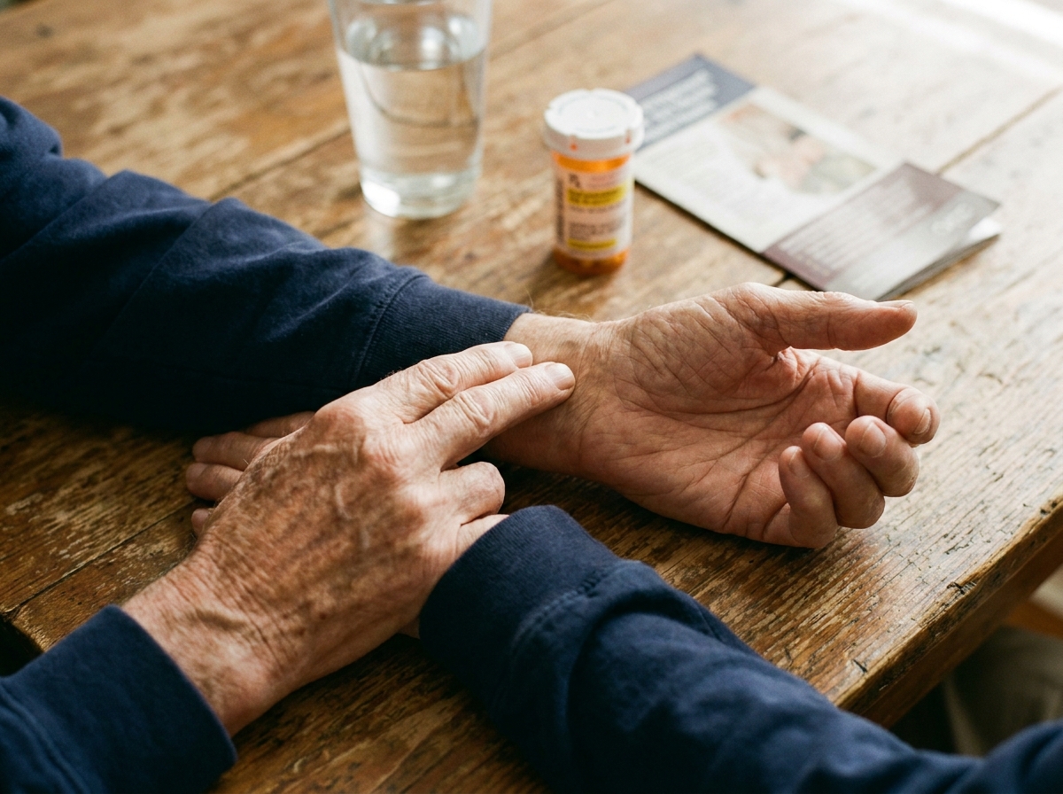 Gros plan de mains d'homme âge prenant son pouls au poignet avec médicaments pour la circulation sanguine sur la table