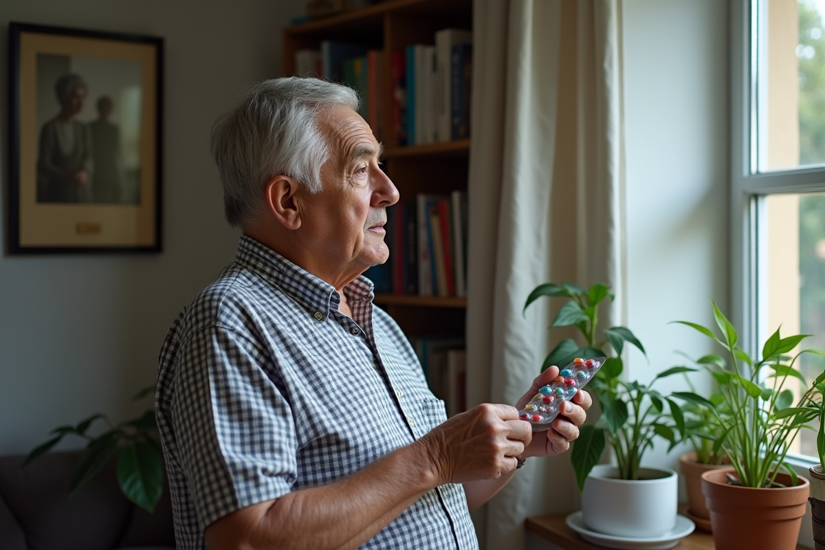 Homme âgé tenant un blister de médicaments dans un salon