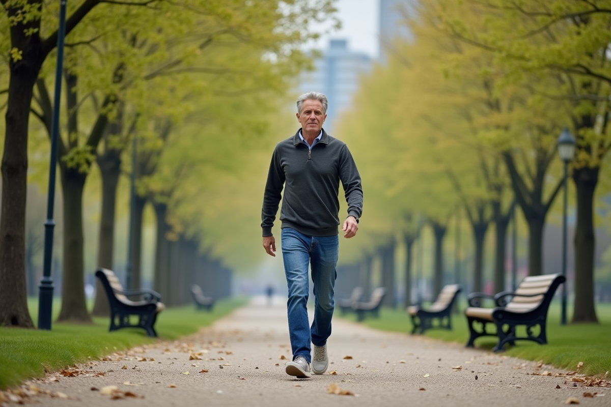 Homme en marche dans un parc printanier