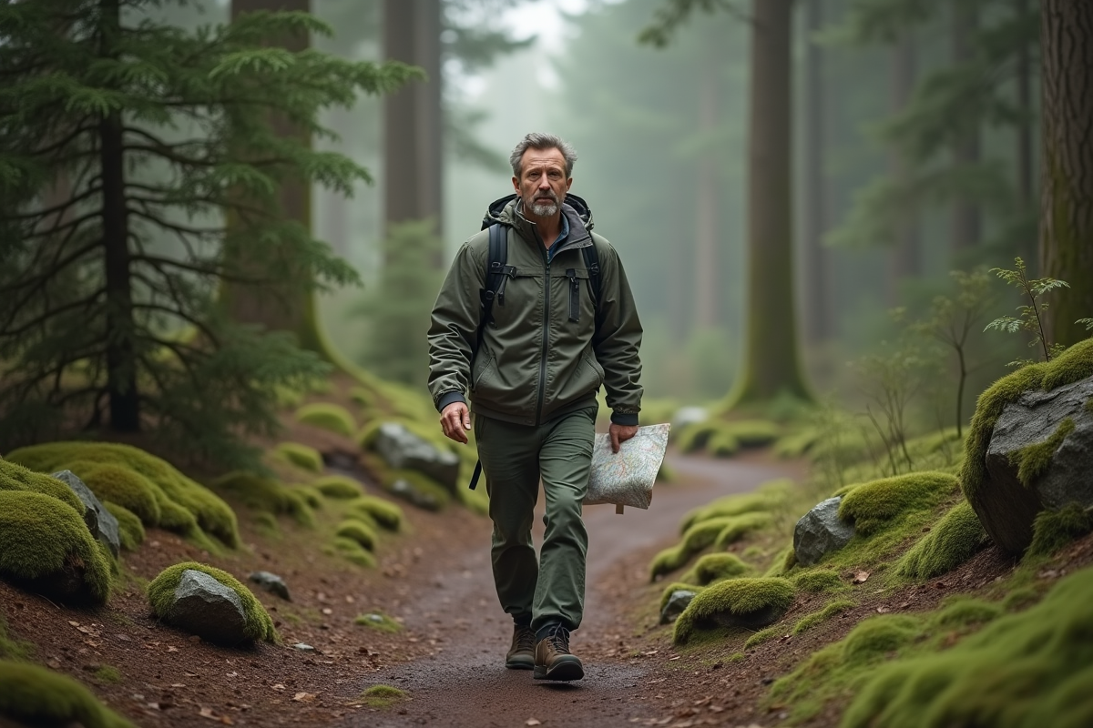 Homme en randonnée dans la forêt avec une carte à la main