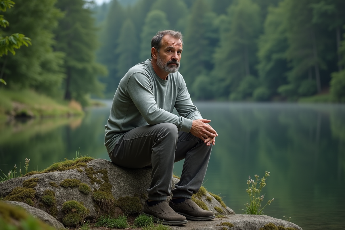 Homme méditant au bord d’un lac en forêt
