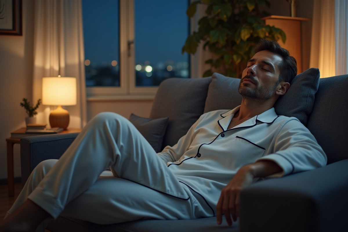 Homme âgé reposant sur un canapé dans un salon calme