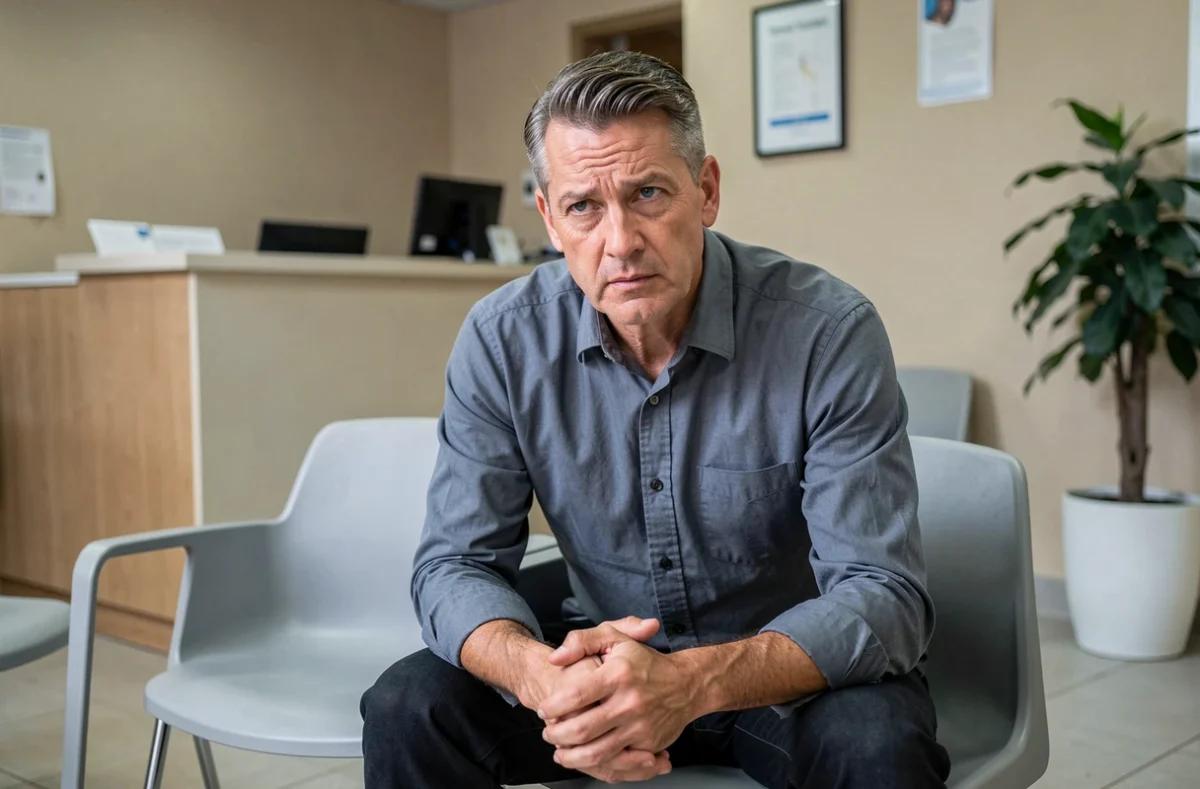 Homme d'âge moyen attendant en salle d'attente médicale, expression inquiète, contexte de consultation pour douleur abdominale