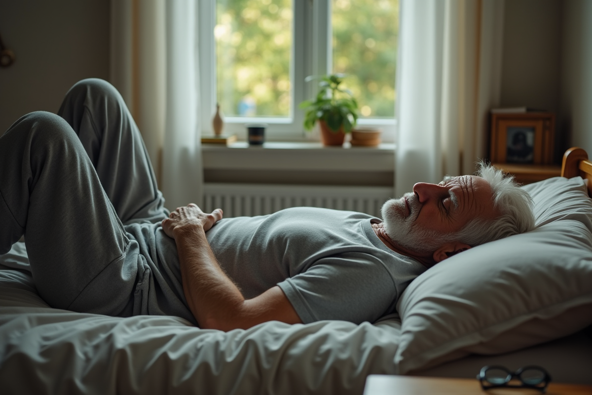 Homme âgé endormi sur son lit dans une chambre modeste