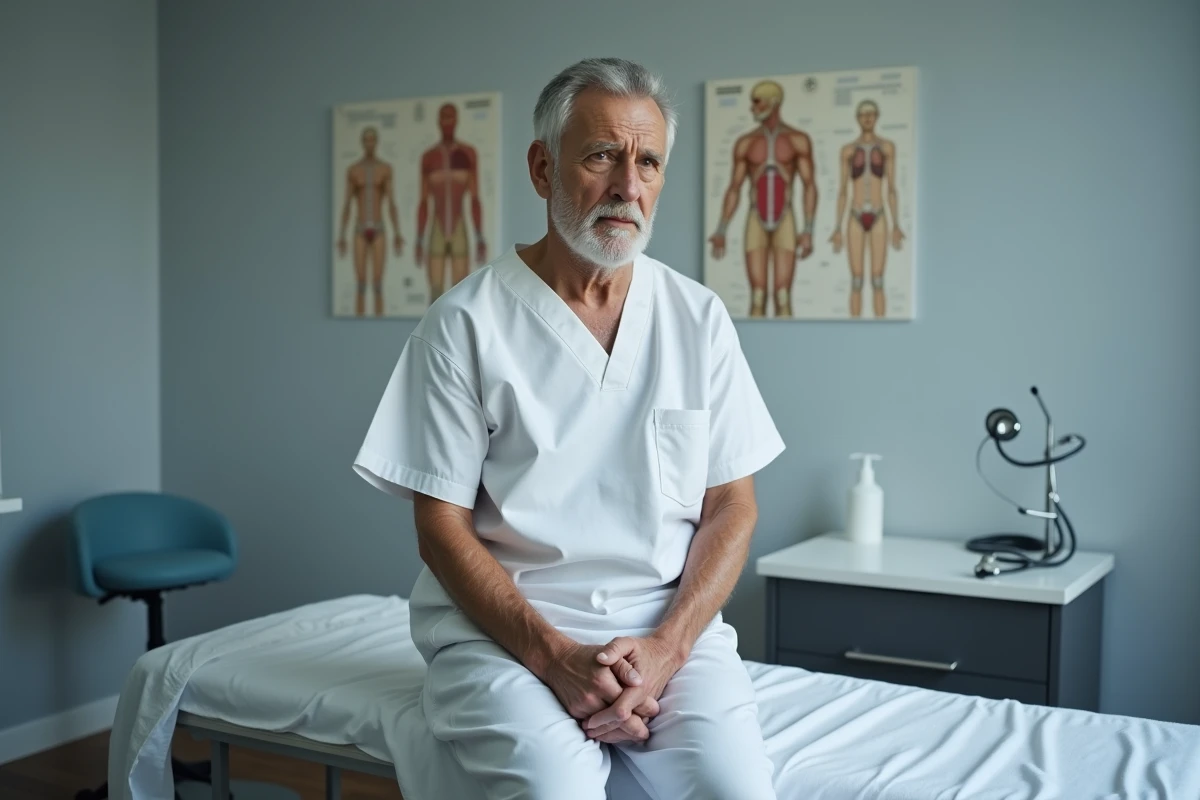 Homme âgé de 68 ans avec jaunisse légère lors d'une consultation médicale, symptôme hépatique chez le senior