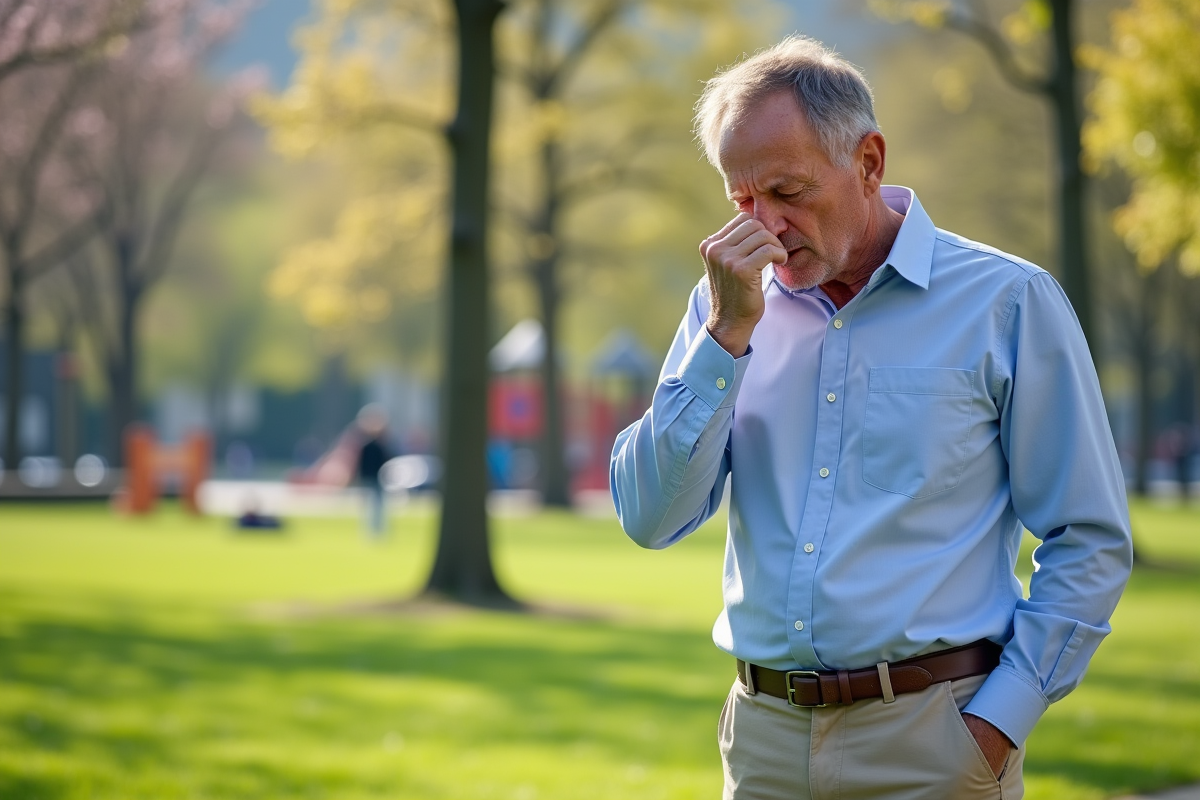 Homme allergie qui éternue dans un parc au printemps