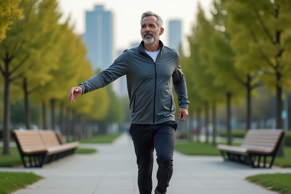 Homme en tenue de sport s’étirant dans un parc urbain