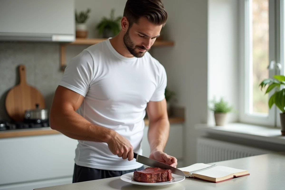Homme sportif en cuisine préparant un steak de bœuf maigre cuit dans le cadre d'une alimentation adaptée à la musculation