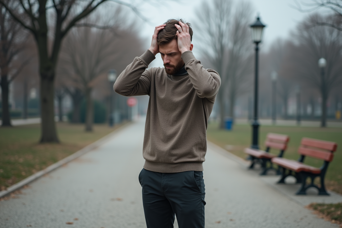 Homme stressé dans un parc urbain en hiver