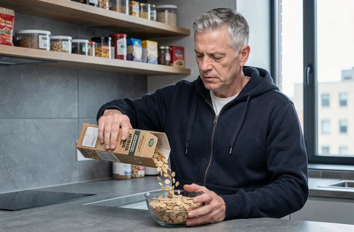 Homme versant des céréales riches en fibres dans un bol dans une cuisine moderne au design épuré
