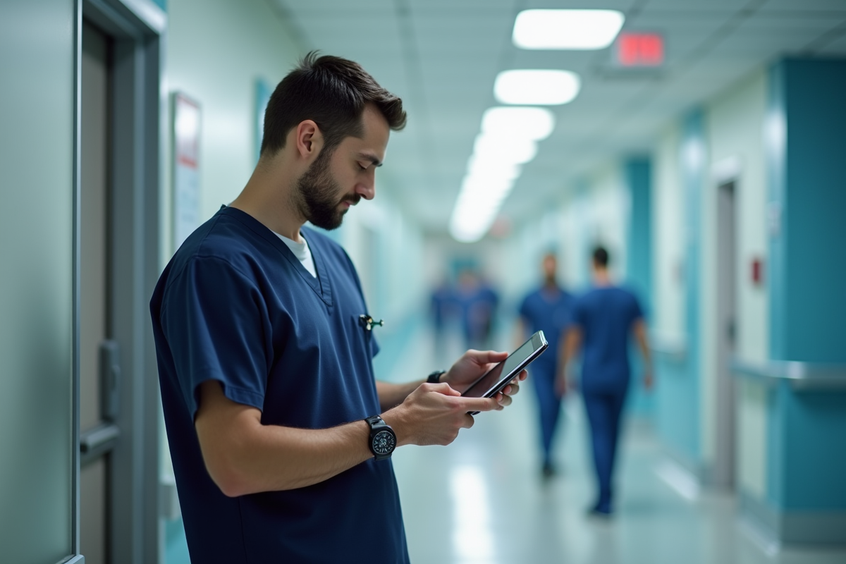 Infirmier hospitalier utilisant une tablette dans le couloir