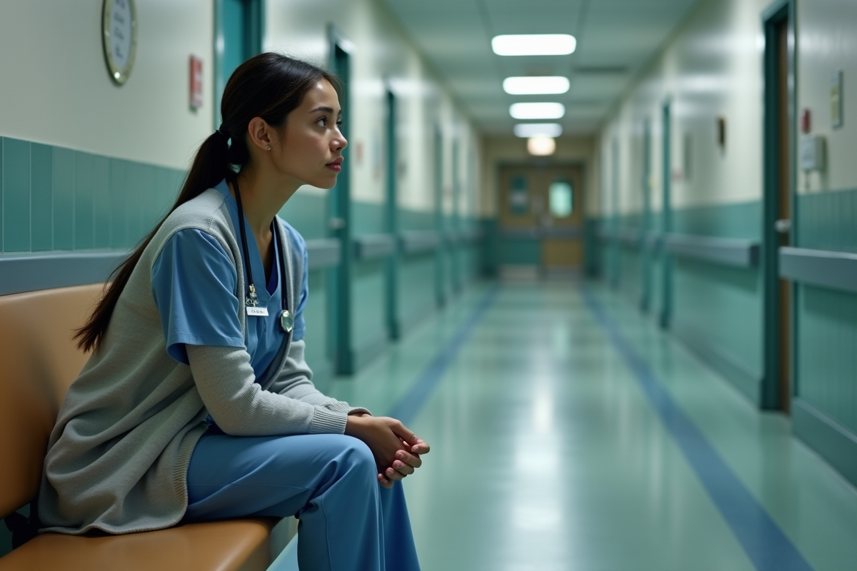 Jeune infirmière assise dans un couloir d