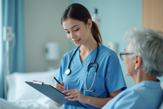 Jeune infirmiere en blouse bleue met à jour un plan de soins