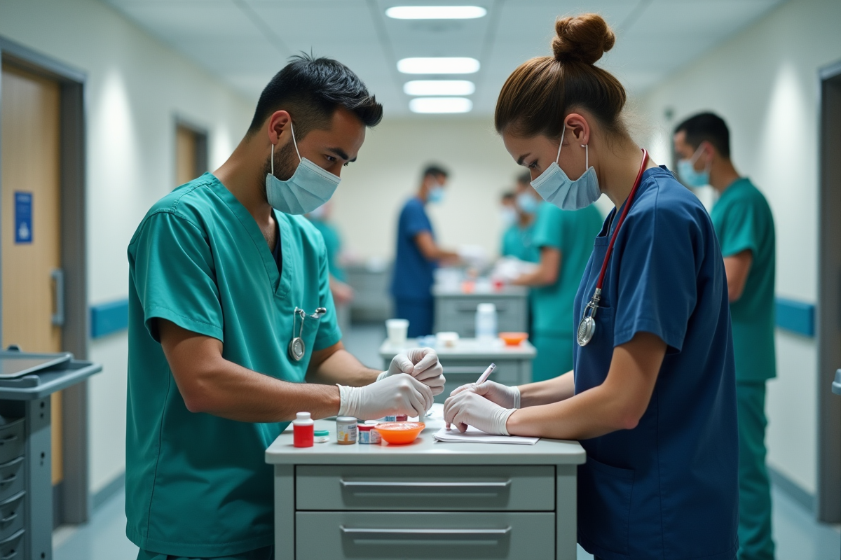 Infirmiers préparant des médicaments dans un service hospitalier