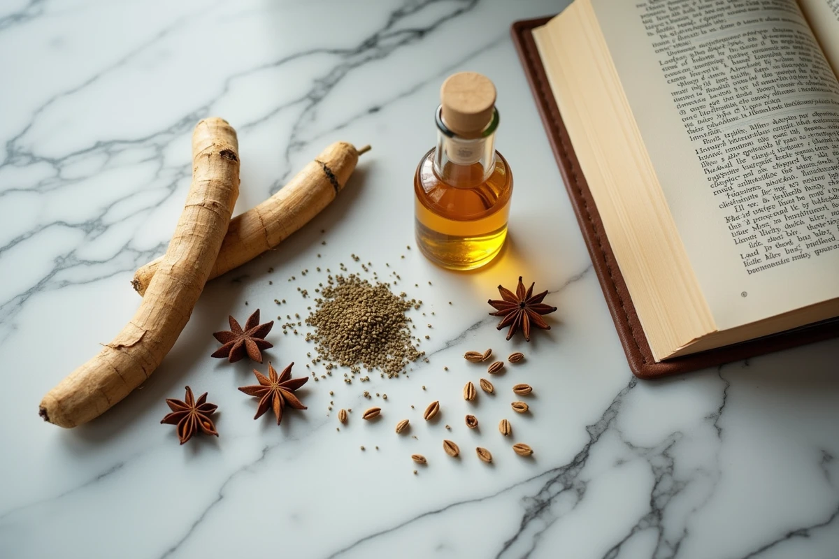 Ingrédients botaniques du pastis : réglisse, anis étoilé et graines de fenouil sur marbre