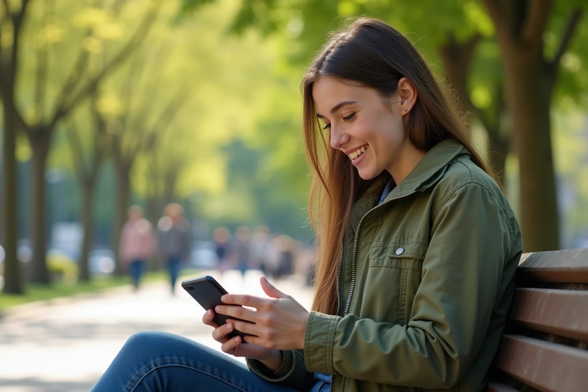 Jeune femme consultant un blog de conseils santé sur son smartphone dans un parc urbain