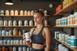 Jeune femme sportive compare deux bouteilles de supplements