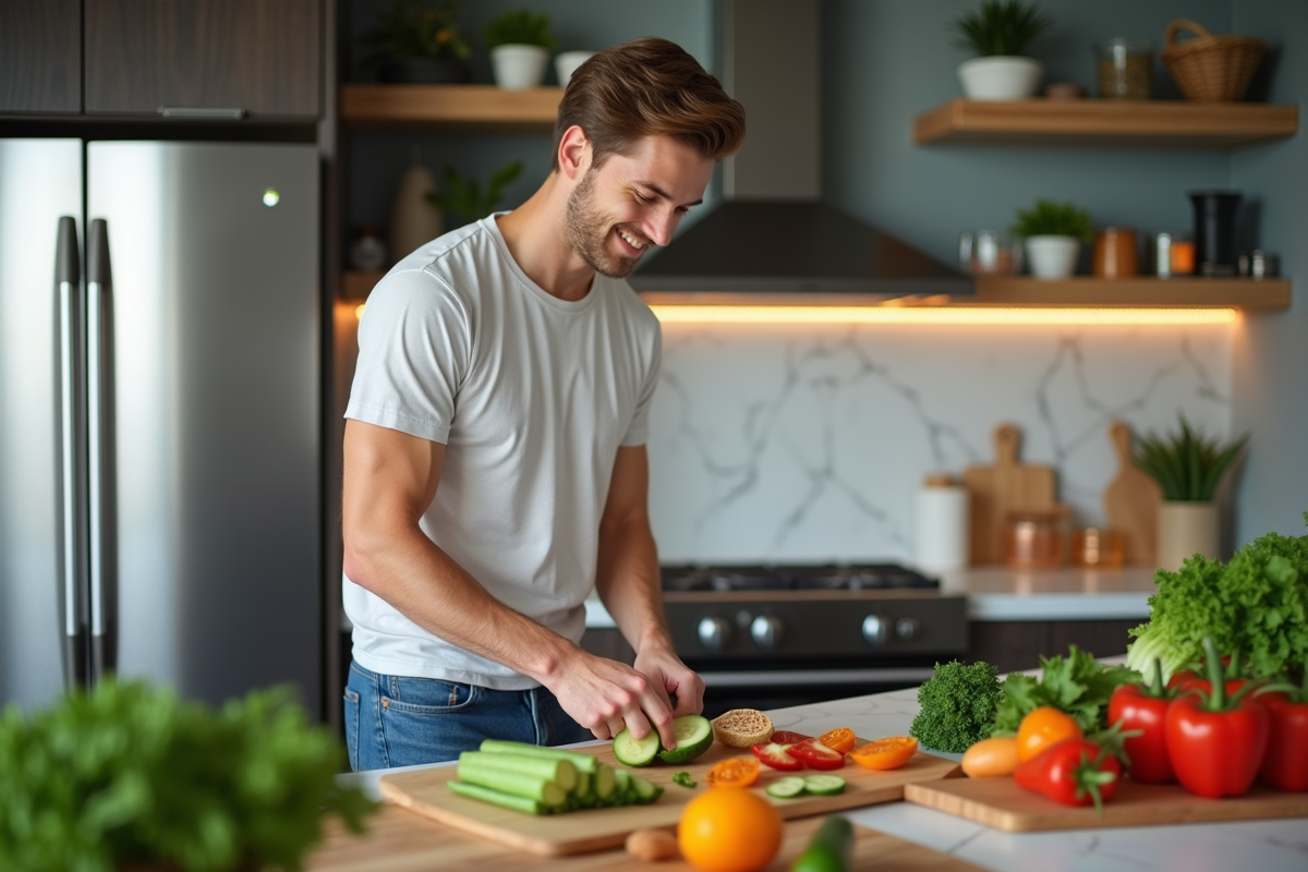 Jeune homme préparant une salade dans une cuisine moderne
