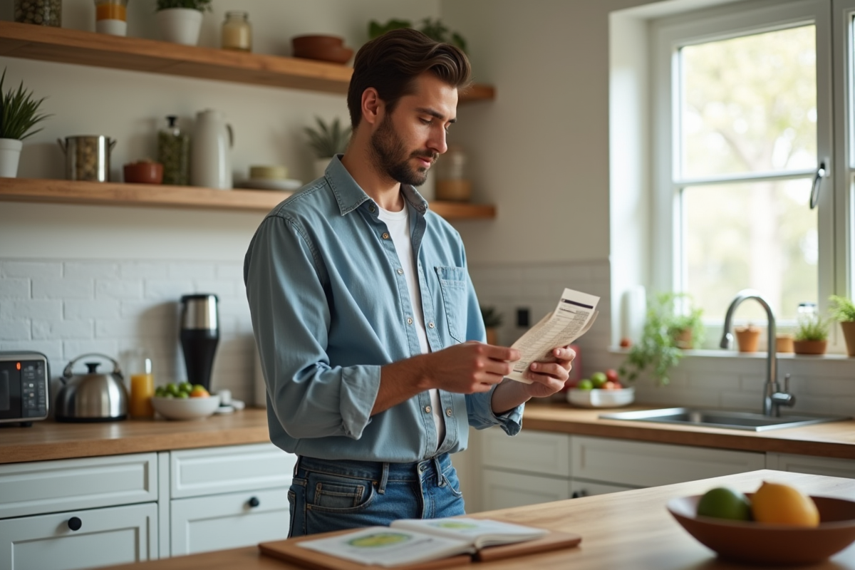 Jeune homme vérifiant étiquettes alimentaires dans la cuisine