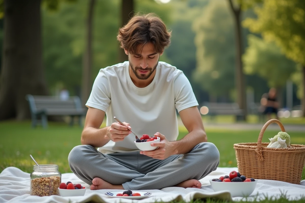Jeune homme assemble un parfait aux fruits en plein air