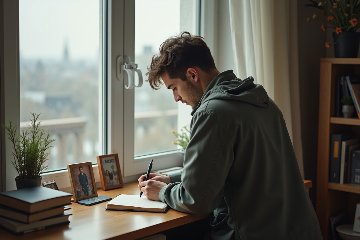 Jeune homme écrivant dans un journal près d