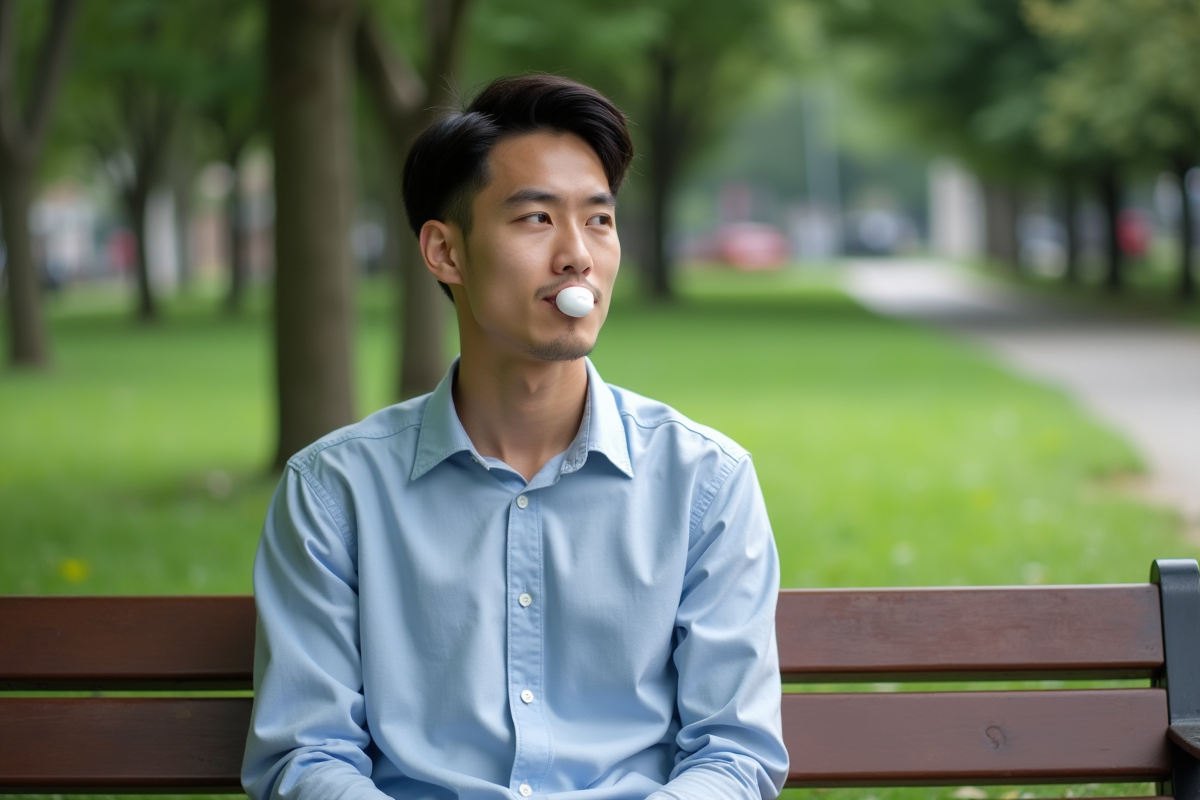 Jeune homme mâchant de la gomme dans un parc en plein air