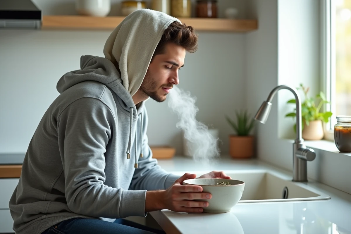 Jeune homme inhalant des vapeurs d