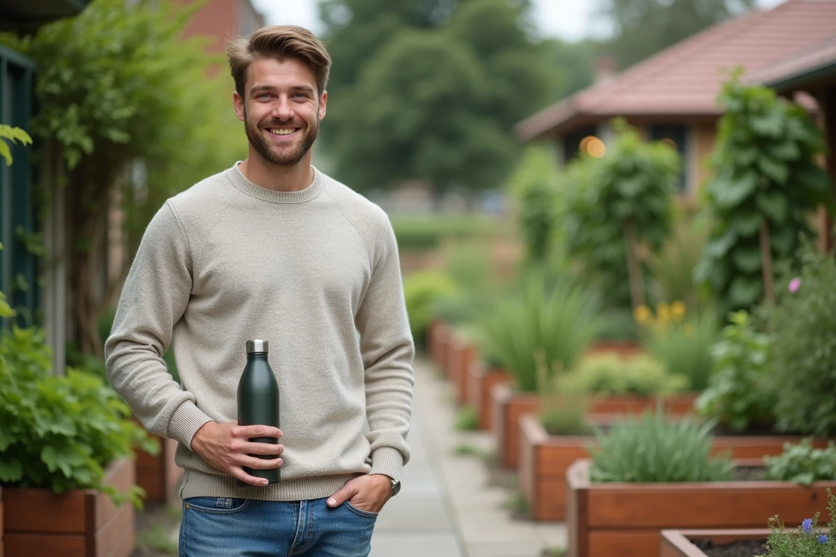 Jeune homme avec bouteille en métal dans un jardin communautaire