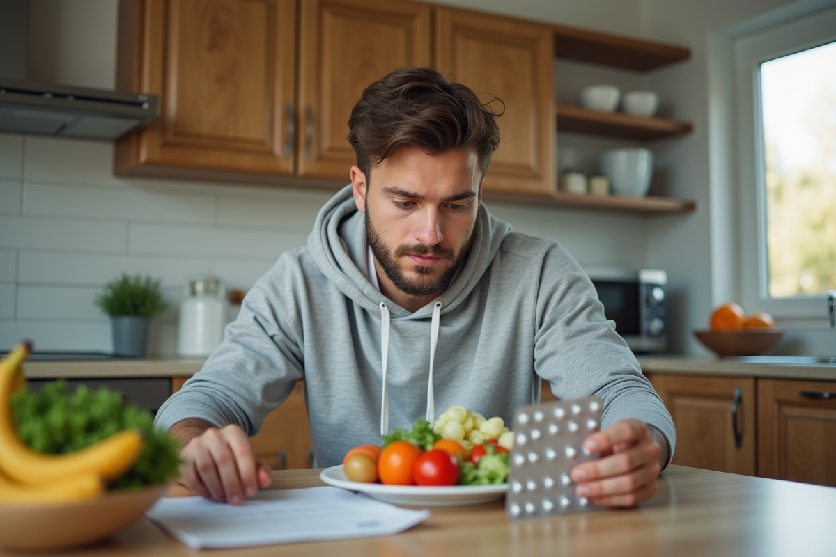 Jeune homme réfléchissant avec médicaments et légumes