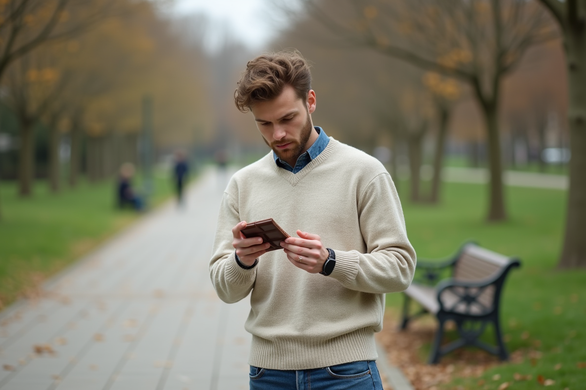 Jeune homme dans un parc regardant un chocolat emballé