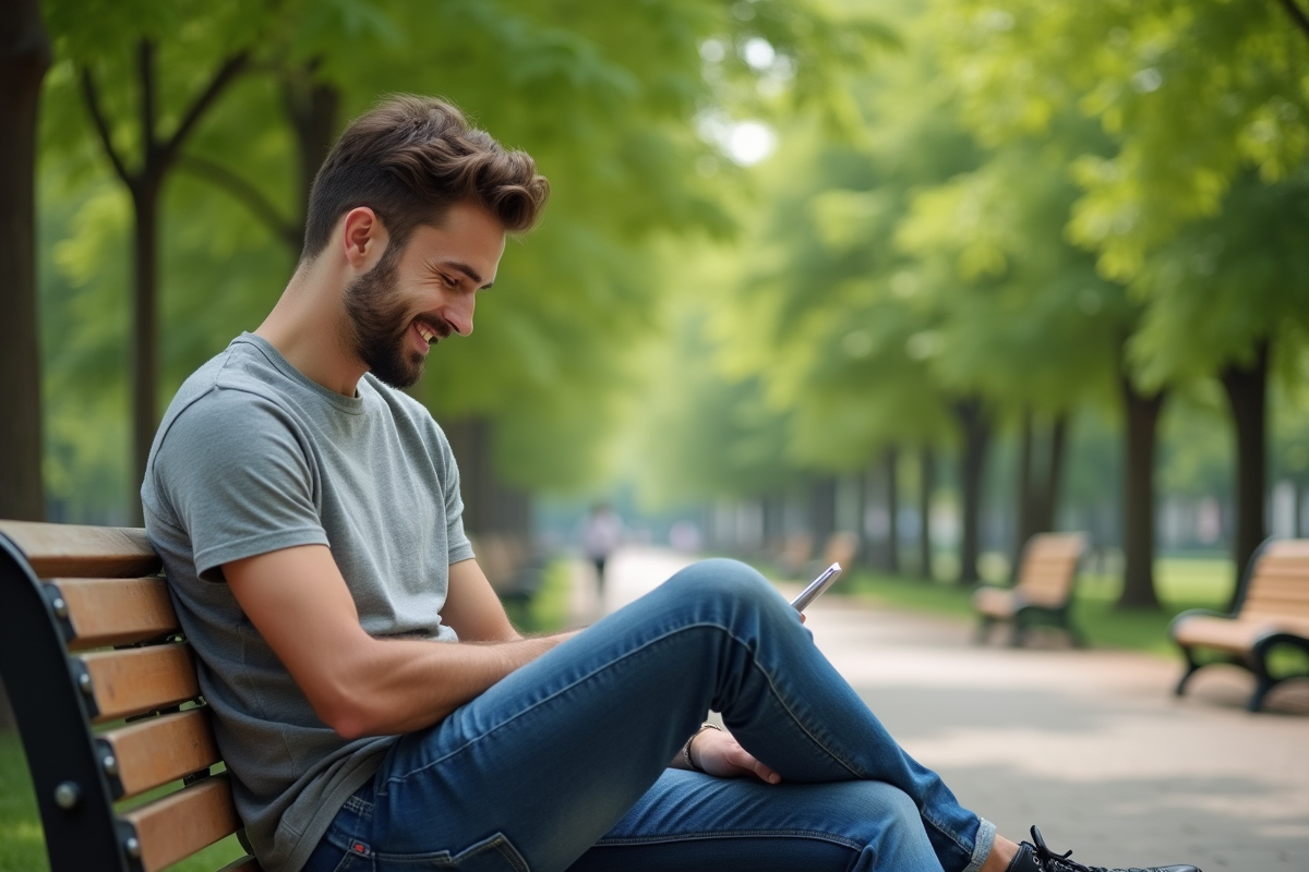 Jeune homme assis sur un banc dans un parc verdoyant
