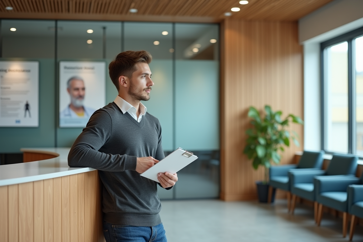 Jeune homme patient attendant dans salle d attente