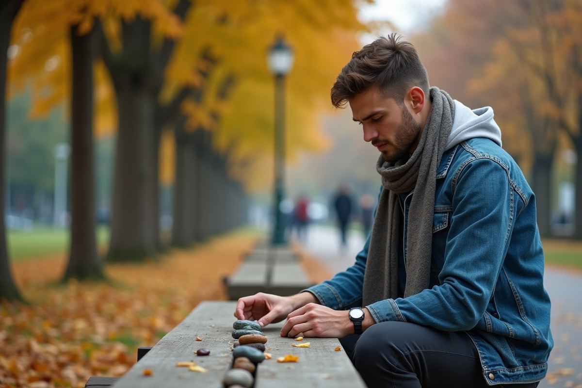 Jeune homme arrangeant pierres dans un parc en automne