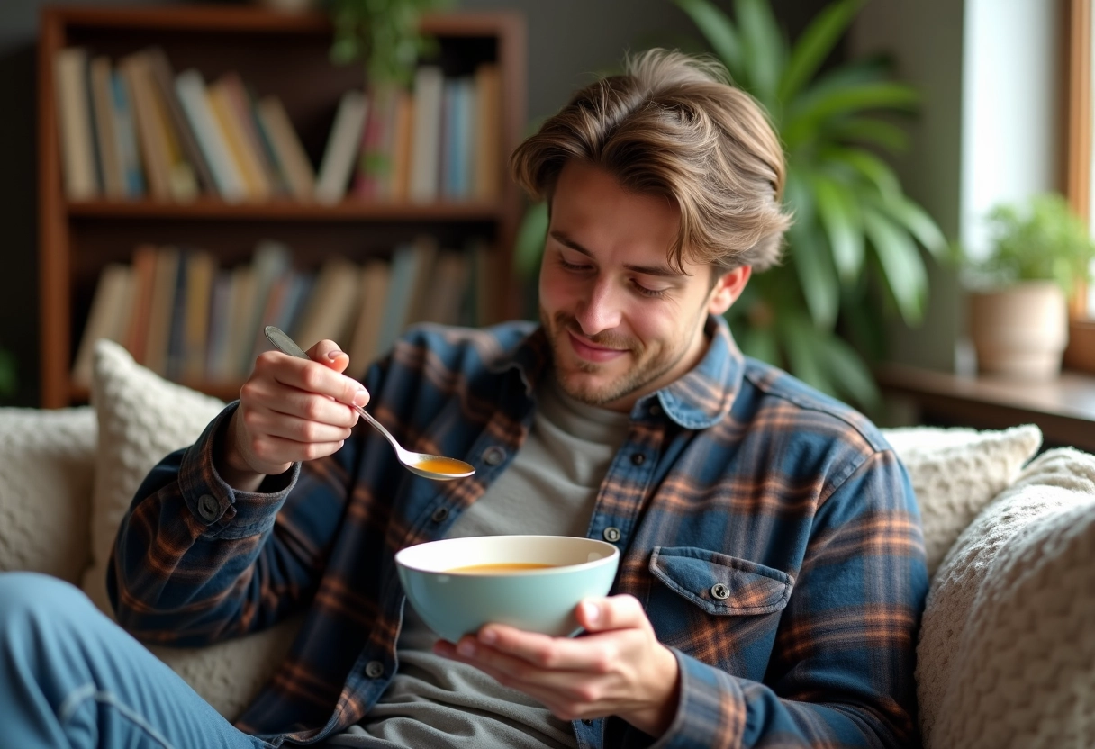 Jeune homme dégustant un sirop herbal dans le salon lumineux