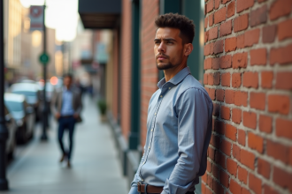 Jeune homme en ville debout contre un mur de briques urbain