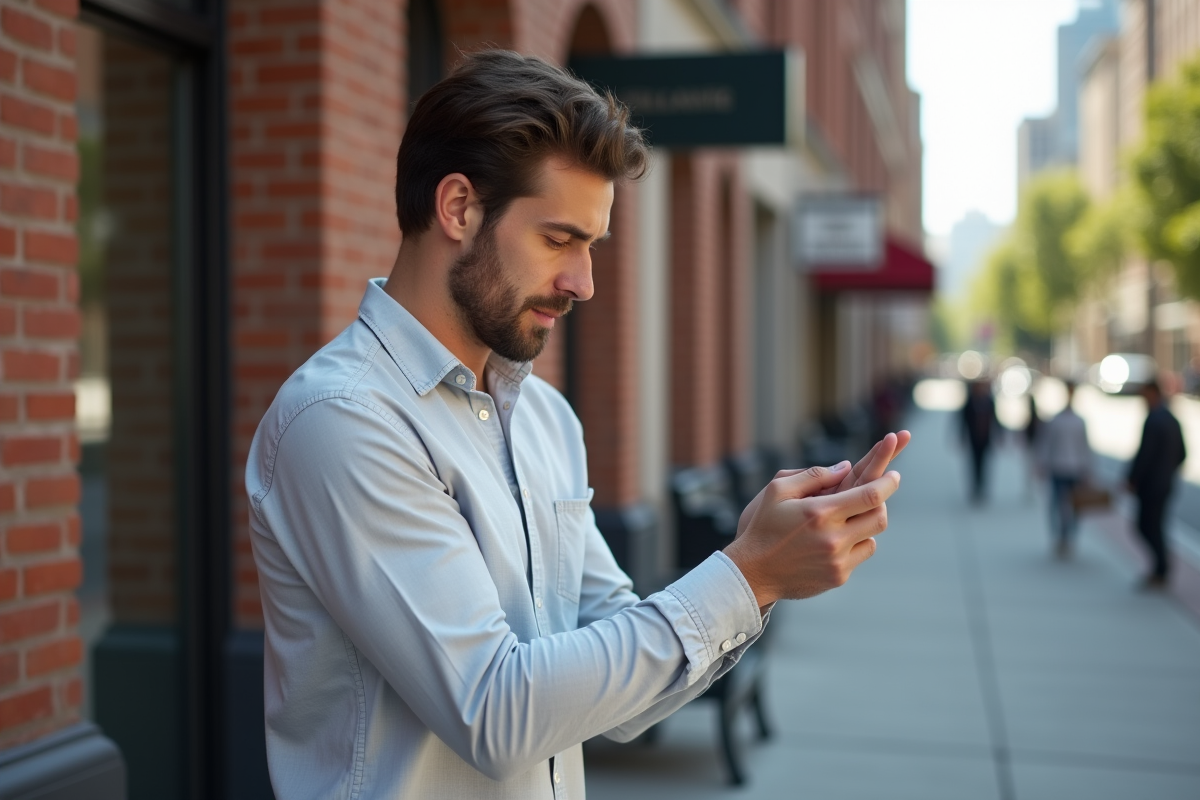Jeune homme regardant sa main dans un environnement urbain