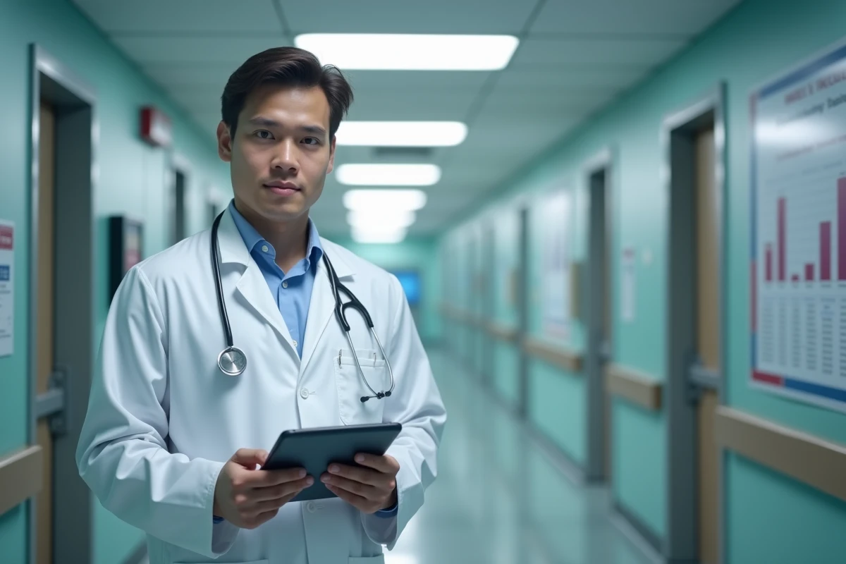 Jeune médecin avec tablette dans un couloir hospitalier
